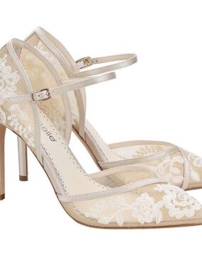 Beige Embroidered Mesh Mary Jane Heels with Ankle Strap
